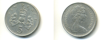 Великобритания 5 пенсов 1970 Елизавета II (1952-2022) KM 911, Spink 4233 (D1) медно-никель 83-457