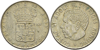 Швеция 1 крона 1963 U, Густав VI Адольф (1950-1973) KM 826 серебро 4150-127