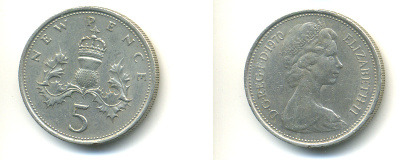 Великобритания 5 пенсов 1970 Елизавета II (1952-2022) KM 911, Spink 4233 (D1) медно-никель 83-457