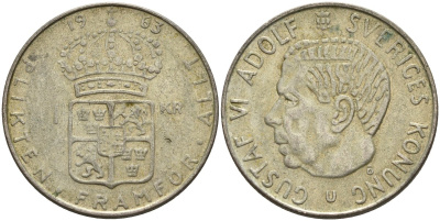 Швеция 1 крона 1963 U, Густав VI Адольф (1950-1973) KM 826 серебро 4150-127