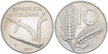 ИТАЛИЯ 10 ЛИР 1973 R, ПЛУГ, КОЛОСЬЯ KM 93 алюминий UNC 3718-424