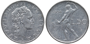 Италия 50 лир 1956 R, бог огня Вулкан у наковальни KM 95.1 нержавеющая сталь 4128-1244