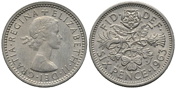 Великобритания 6 пенсов 1963 Елизавета II (1952-2022) KM 903, Spink 4149 медно-никель 192-649