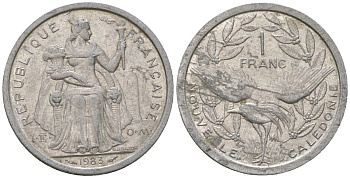 Французская Новая Каледония 1 франк 1983 птица кагу, (IEOM) KM 10, Schoen 10, Lec 46 алюминий    51-2346