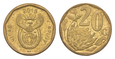 ЮАР 20 центов 2015 герб, цветок протея KM 270 сталь плакированная бронзой aUNC 4380-1032