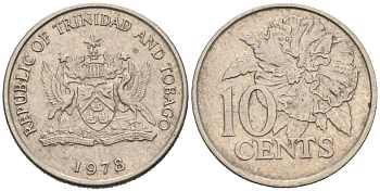 Тринидад и Тобаго 10 центов 1978 цветок гибискуса KM 31 медно-никель 4178-132