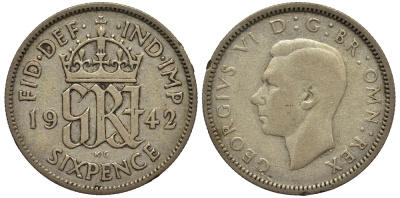 Великобритания 6 пенсов 1942 Георг VI (1936-1952) KM 852, Spink 4084 серебро 4538-456