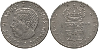 Швеция 1 крона 1969 Густав VI Адольф (1950-1973) KM 826а медь плакированная медно-никелем 181-134