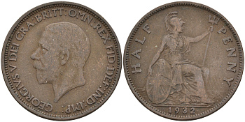 Великобритания 1/2 пенни 1932 Георг V (1910-1936) KM 837, Spink 4058 бронза 4589-924