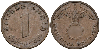 Германия 1 рейхспфенниг 1939 A KM 89, J. 361 бронза 4147-1148