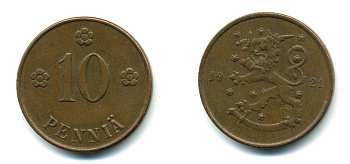 Финляндия 10 пенни 1921 республика (1918-1962) KM 24 медь 46-214