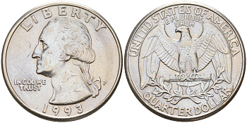 США 25 центов (квотер) 1993 P, Вашингтон KM A164a медь плакированная медно-никелем 190-415