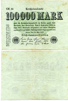 ГЕРМАНИЯ 100000 МАРОК 1923 ЗЕЛЕНАЯ Pick 91a бумага 3295-56-3