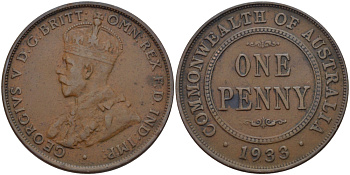 АВСТРАЛИЯ 1 ПЕННИ 1933 ГЕОРГ V (1910-1936) KM 23 бронза 82-732