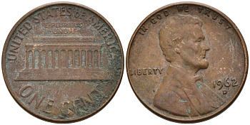 США 1 цент 1962 D, Линкольн KM 201 медь цинк 4564-413