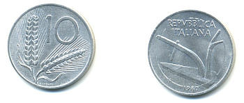 ИТАЛИЯ 10 ЛИР 1980 ПЛУГ, КОЛОСЬЯ KM 93 алюминий 4364-755