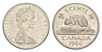 Канада 5 центов 1966 Елизавета II (1952-2022), бобр KM 60.1 никель 4630-713