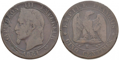 ФРАНЦИЯ 5 САНТИМОВ 1861 K, НАПОЛЕОН III (1852-1870) KM 797.3, LE FRANC 117.4 бронза 4448-123