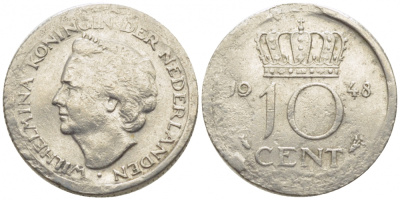 Нидерланды 10 центов 1948 Вильгельмина (1895-1948) KM 177 никель 112-262