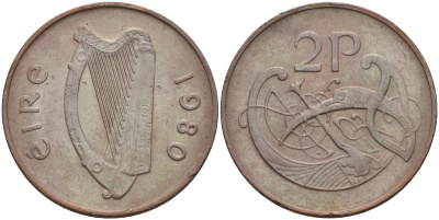 ИРЛАНДИЯ 2 ПЕНСА 1980 ВИНЬЕТКА В ВИДЕ СТИЛИЗОВАННОЙ ПТИЦЫ ИЗ ВТОРОЙ БИБЛИИ КАРЛА II ЛЫСОГО KM 21 бронза 4592-243