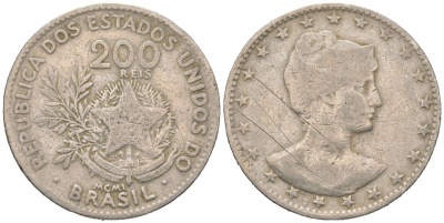 Бразилия 200 реалов 1901 MCMI, голова свободы вправо KM 504 медно-никель 4612-231