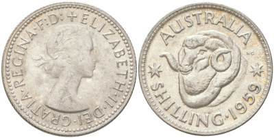 Австралия 1 шиллинг 1959 M, Елизавета II (1952-2022), овца меринос KM 59 серебро 4622-217