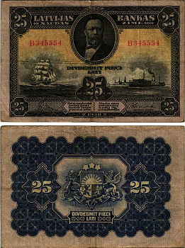 ЛАТВИЯ 25 ЛАТОВ 1928 КРИШЬЯНИС ВАЛДЕМАР, ПАРУСНИК И ПАРОХОД, W&S Pick 18а бумага 6352-32-3-1