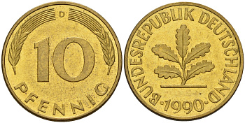 ФРГ 10 пфеннигов 1990 D KM 108, J. 383 сталь плакированная латунью 4163-1252