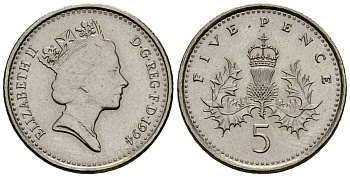 Великобритания 5 пенсов 1994 Елизавета II (1952-2022) KM 937b, Spink 4372 (D4) медно-никель 4173-756