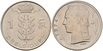 Бельгия 1 франк 1974 Belgique, Бодуэн I (1951-1993) KM 142.1 медно-никель  UNC  4161-1257