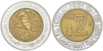 Мексика 2 песо 2008 Mo KM 604 биметалл 4398-625