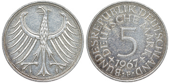 ФРГ 5 марок 1967 F, KM 112.1, J. 387 серебро 4178-912