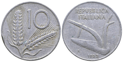Италия 10 лир 1953 R, плуг, колосья KM 93 алюминий 4622-313