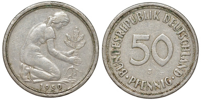 ФРГ 50 пфеннигов 1950 J KM 109, J. 384 медно-никель 4132-646