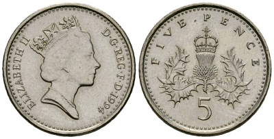Великобритания 5 пенсов 1994 Елизавета II (1952-2022) KM 937b, Spink 4372 (D4) медно-никель 4173-756