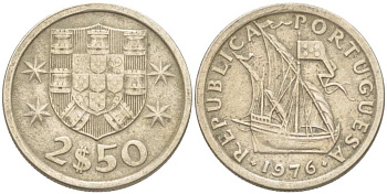 ПОРТУГАЛИЯ 2,5 ЭСКУДО 1976 ПАРУСНИК KM 590 медно-никель 4513-1146