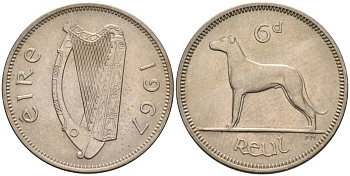 Ирландия 6 пенсов 1967 собака, ирландский волкодав KM 13а медно-никель аUNC 4582-242