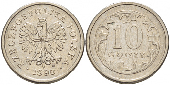 ПОЛЬША 10 ГРОШЕЙ 1990 MW KM 279 медно-никель 214-763