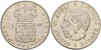 Швеция 1 крона 1955 TS, Густав VI Адольф (1950-1973) KM 826 серебро 4148-1147