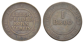 Пруссия 1 Бродмарке (талон на хлеб для пекарей) ND (1816) Эльберфельдское кукурузное товарищество медь 1528-535