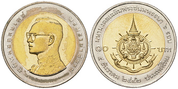 Таиланд 10 бат 1999 BE 2542, Рама IX (1946-2016), 72 года со дня рождения Короля Рамы IX KM 350 биметалл UNC 110-751