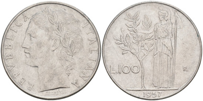 Италия 100 лир 1957 R, АФИНА В ДОСПЕХАХ KM 96.1 нержавеющая сталь 4572-326