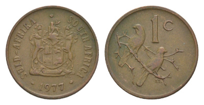 ЮАР 1 цент 1977 герб, капские воробьи KM 82 бронза 4609-1155
