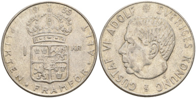 Швеция 1 крона 1955 TS, Густав VI Адольф (1950-1973) KM 826 серебро 4148-1147