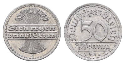 Германия 50 пфеннигов 1921 E KM 27, J. 301 алюминий aUNC 3856-1134