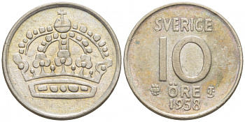 Швеция 10 эре 1958 T;S, Густав VI Адольф (1950-1973) KM 823 серебро 3309-844