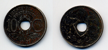 ФРАНЦИЯ 10 САНТИМОВ 1937 ТИП ЛИНДАЙЁ KM 866a медно-никель 4383-1163