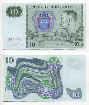 ШВЕЦИЯ 10 КРОН 1983 СЕРИЯ FK Pick 52e бумага 7203-73-3