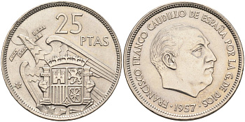 Испания 25 песет 1957(68) Франциско Франко (1939-1975) KM 787 медно-никель аUNC 4583-1025