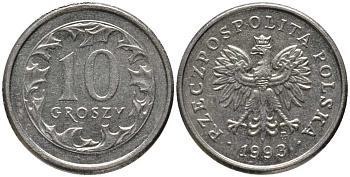 ПОЛЬША 10 ГРОШЕЙ 1993 MW KM 279 медно-никель 201-439